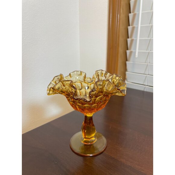 Vintage Fenton Amber Glass Thumbprint Compote Bowl - Picture 4 of 6